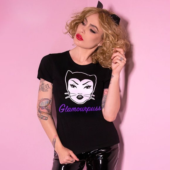 Vixen by Micheline Pitt Tops - Vixen by Micheline Pitt Miss Kitty Glamourpuss Black T-Shirt, 3x